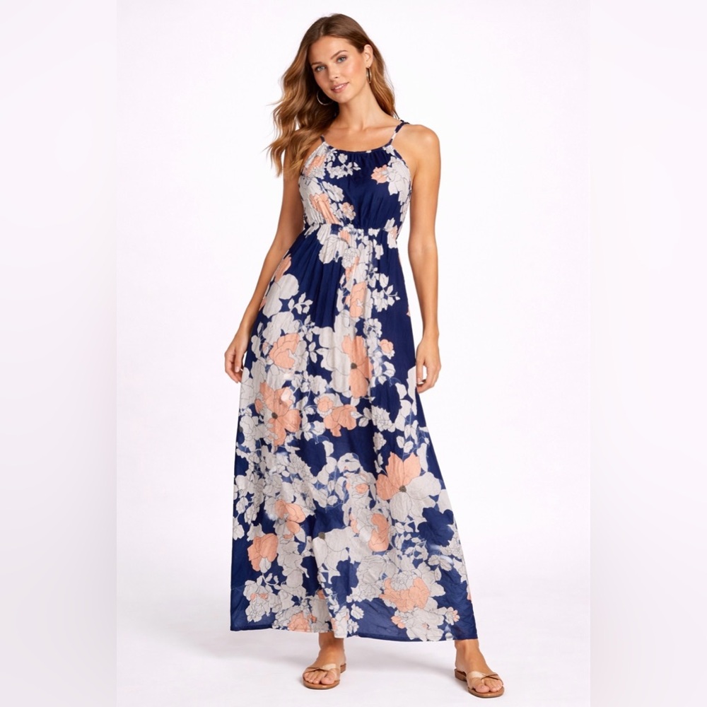 Saint Tropez West Navy Maxi Dress with Peach & White Floral Print